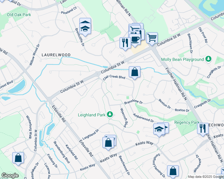 map of restaurants, bars, coffee shops, grocery stores, and more near 364 Ash Tree Place in Waterloo