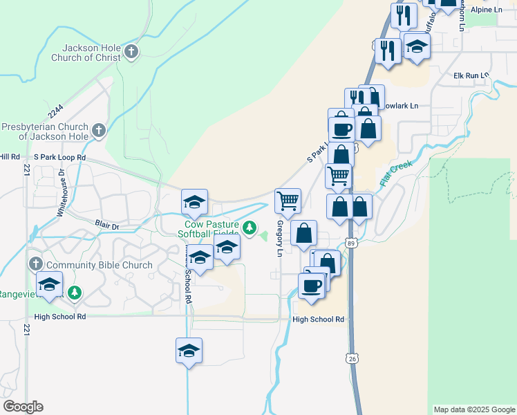map of restaurants, bars, coffee shops, grocery stores, and more near 1080 South Park Loop Road in Jackson