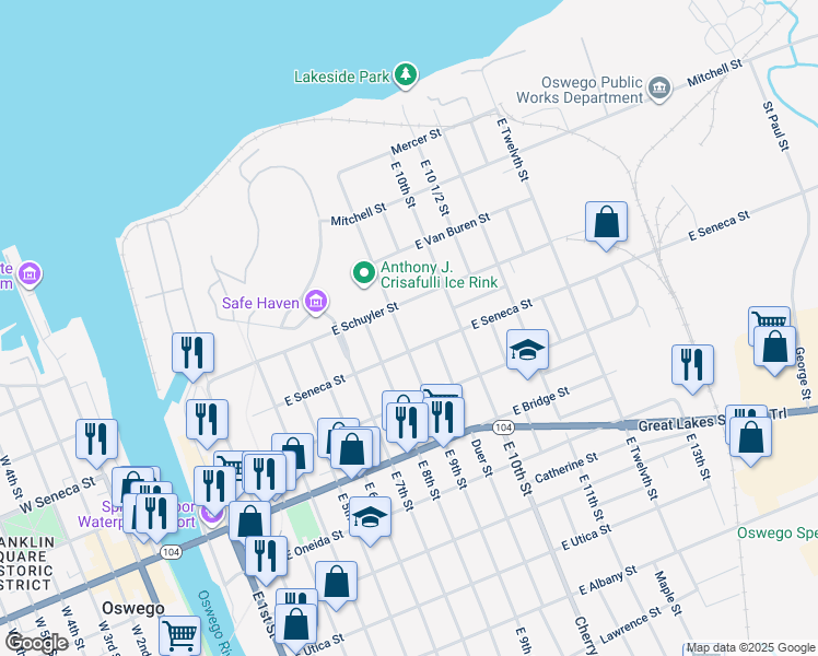 map of restaurants, bars, coffee shops, grocery stores, and more near 104 East Schuyler Street in Oswego