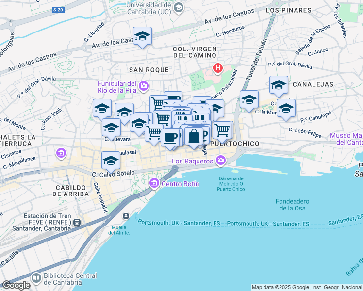 map of restaurants, bars, coffee shops, grocery stores, and more near 5 Plaza Cañadío in Santander