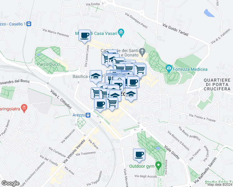 map of restaurants, bars, coffee shops, grocery stores, and more near in Arezzo