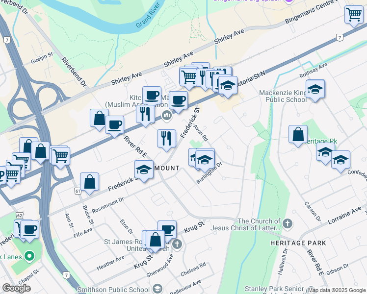 map of restaurants, bars, coffee shops, grocery stores, and more near 807 Frederick Street in Kitchener