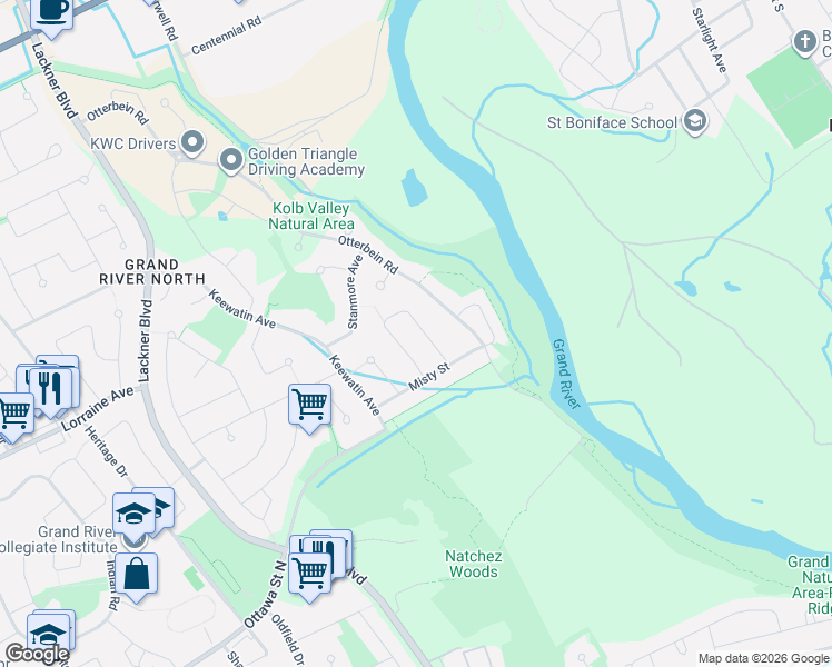 map of restaurants, bars, coffee shops, grocery stores, and more near 458 Misty Crescent in Kitchener