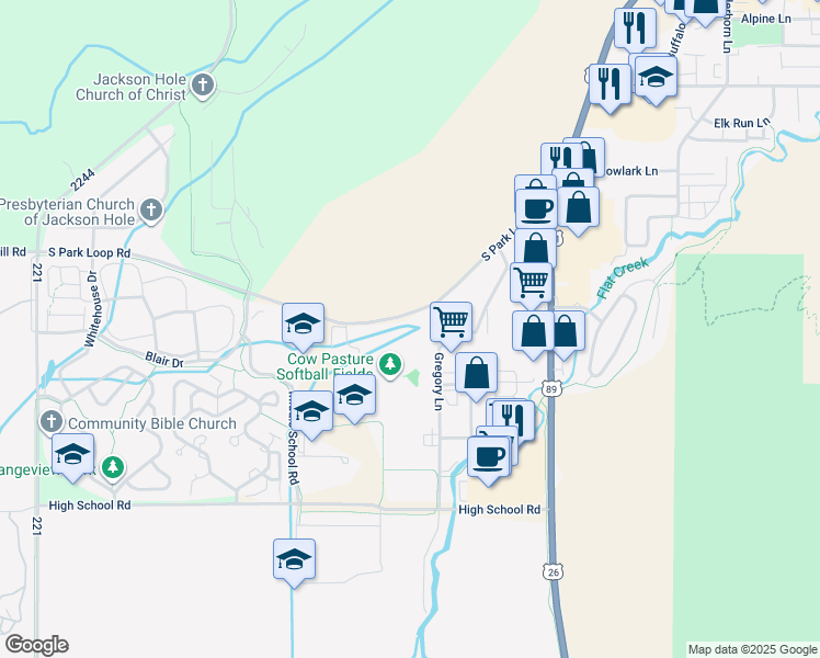 map of restaurants, bars, coffee shops, grocery stores, and more near 1080 South Park Loop Road in Jackson