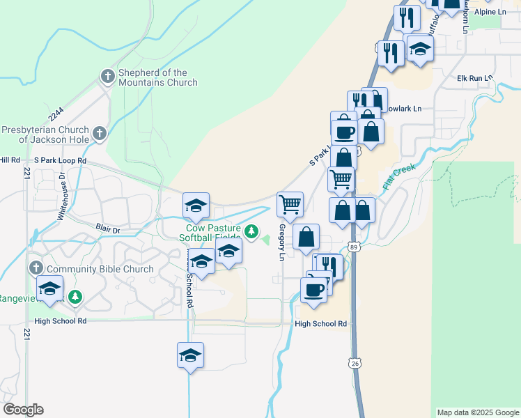 map of restaurants, bars, coffee shops, grocery stores, and more near 1080 South Park Loop Road in Jackson