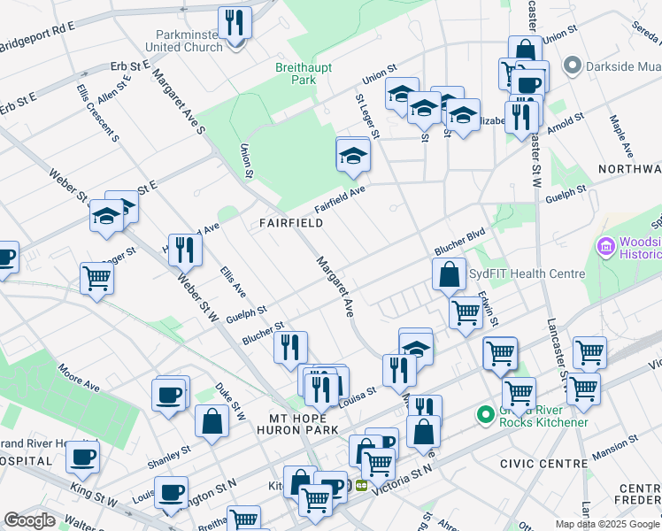 map of restaurants, bars, coffee shops, grocery stores, and more near 276 Margaret Avenue in Kitchener