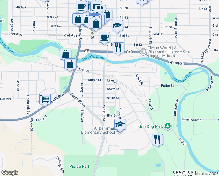map of restaurants, bars, coffee shops, grocery stores, and more near 300 Lake Street in Baraboo