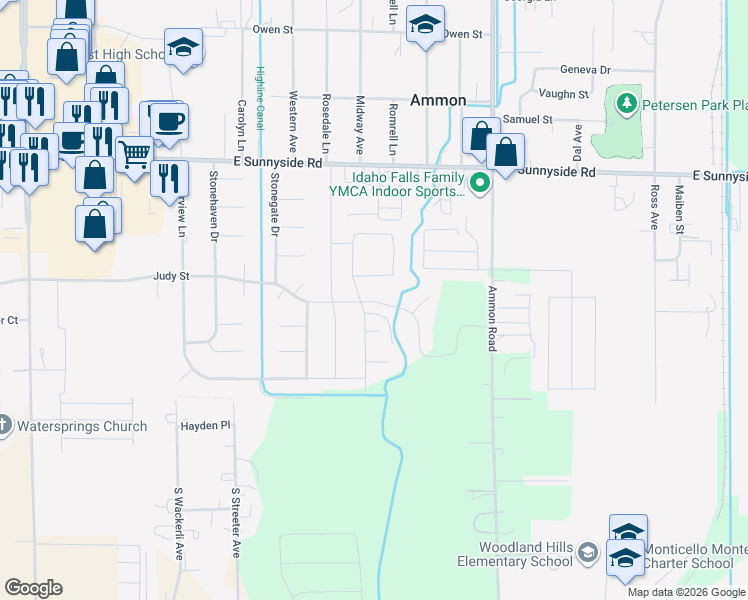 map of restaurants, bars, coffee shops, grocery stores, and more near 3260 Valery Circle in Ammon