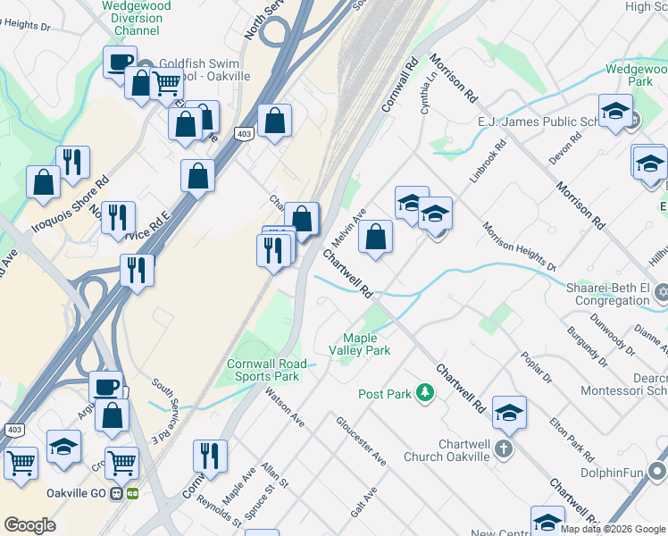 map of restaurants, bars, coffee shops, grocery stores, and more near 480 Chartwell Road in Oakville