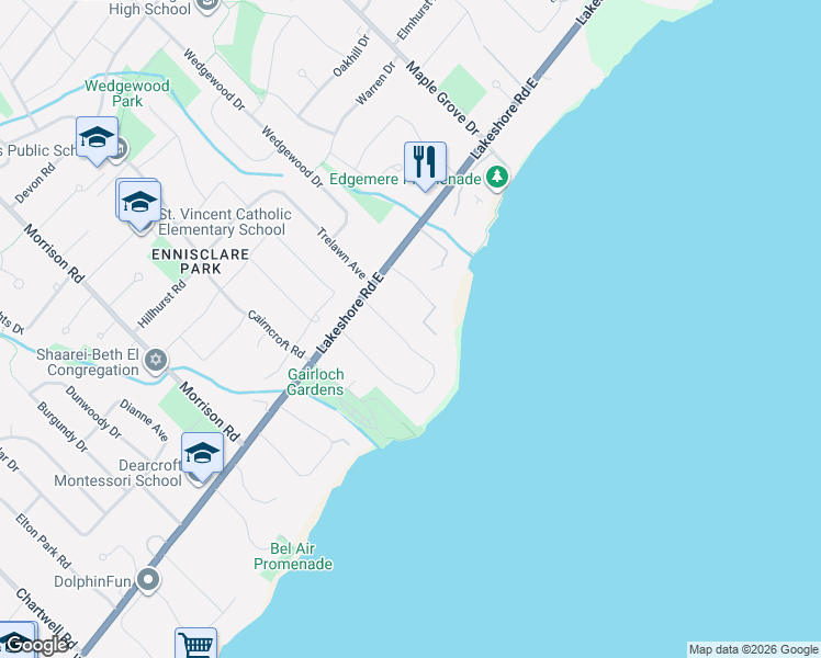 map of restaurants, bars, coffee shops, grocery stores, and more near 59 Ennisclare Drive East in Oakville