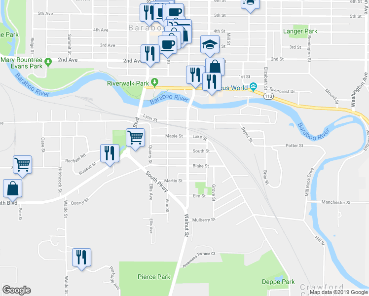 map of restaurants, bars, coffee shops, grocery stores, and more near 320 Walnut Street in Baraboo