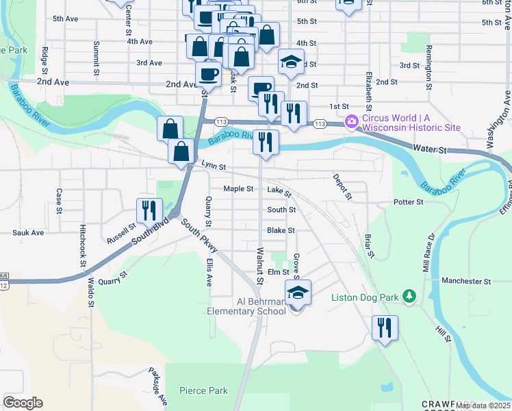 map of restaurants, bars, coffee shops, grocery stores, and more near 320 Walnut Street in Baraboo