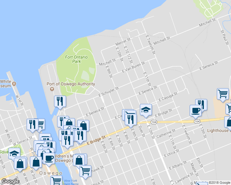 map of restaurants, bars, coffee shops, grocery stores, and more near 104 East 9th Street in Oswego