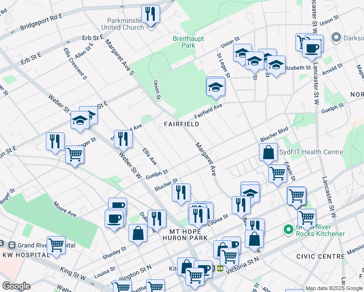 map of restaurants, bars, coffee shops, grocery stores, and more near 315 Margaret Avenue in Kitchener