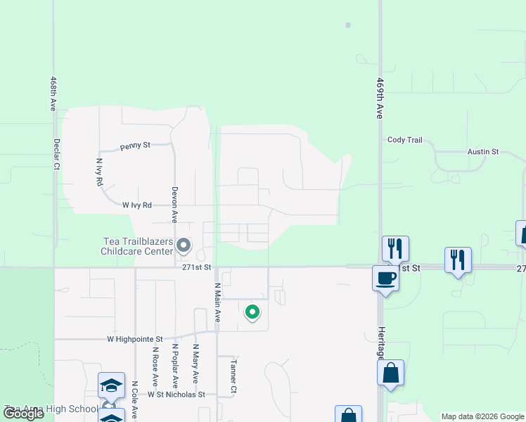 map of restaurants, bars, coffee shops, grocery stores, and more near 101 West Ivy Road in Tea