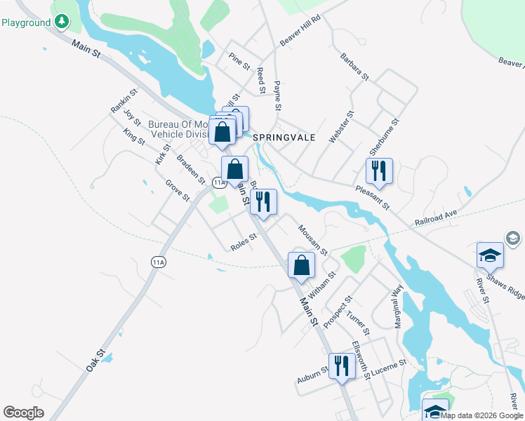 map of restaurants, bars, coffee shops, grocery stores, and more near 496 Main Street in Sanford