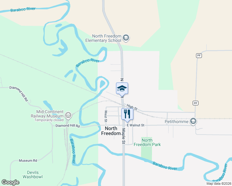 map of restaurants, bars, coffee shops, grocery stores, and more near 407 North Maple Street in North Freedom