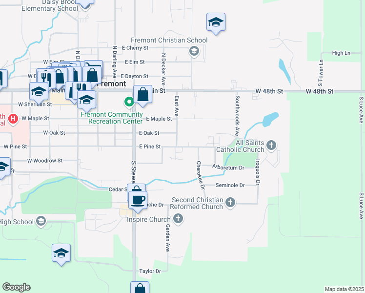 map of restaurants, bars, coffee shops, grocery stores, and more near 450 East Pine Street in Fremont