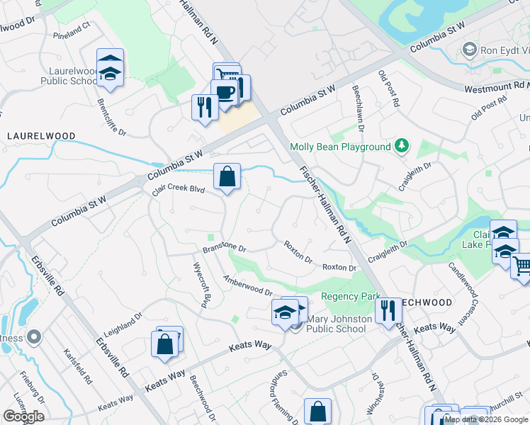 map of restaurants, bars, coffee shops, grocery stores, and more near 323 Calvington Place in Waterloo
