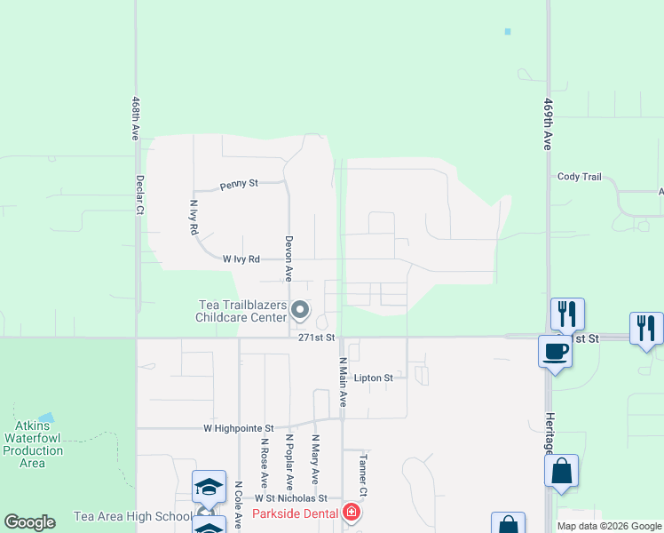 map of restaurants, bars, coffee shops, grocery stores, and more near 2300 Ivy Circle in Tea