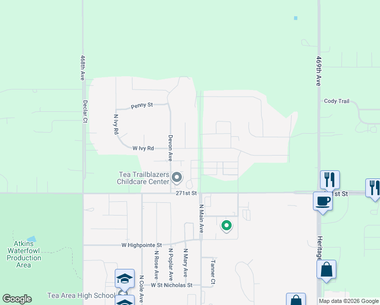 map of restaurants, bars, coffee shops, grocery stores, and more near 2300 Ivy Circle in Tea