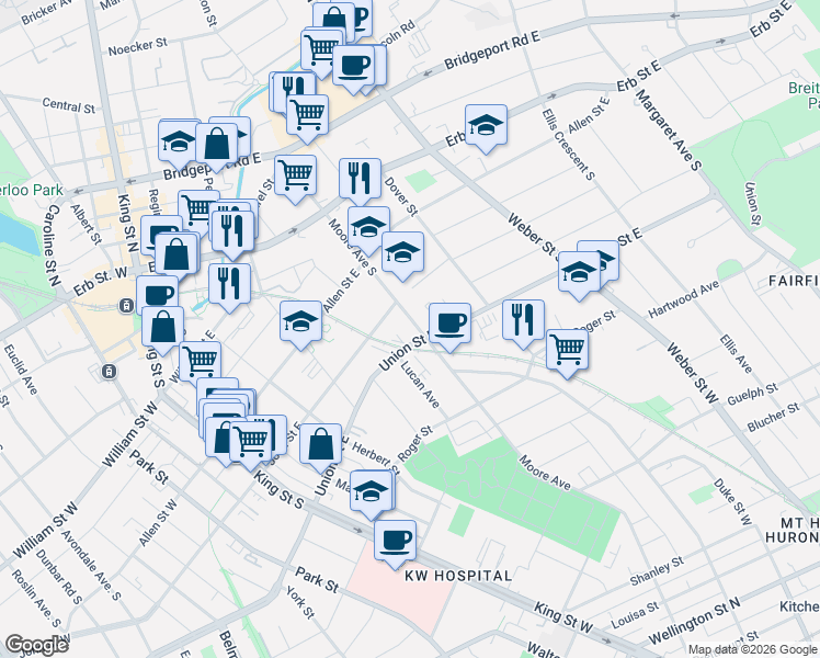 map of restaurants, bars, coffee shops, grocery stores, and more near in Waterloo