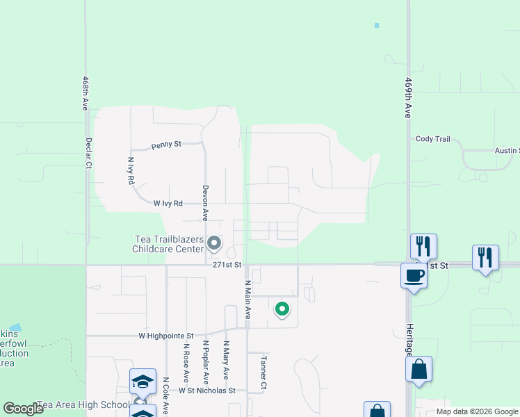 map of restaurants, bars, coffee shops, grocery stores, and more near 101 West Ivy Road in Tea