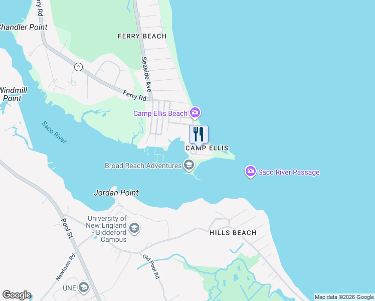 map of restaurants, bars, coffee shops, grocery stores, and more near 2 Beach Avenue in Saco
