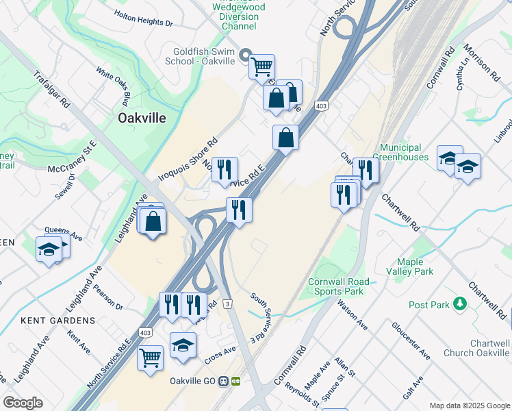 map of restaurants, bars, coffee shops, grocery stores, and more near 420 South Service Road East in Oakville