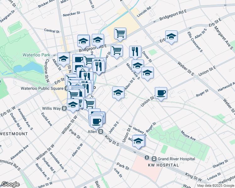 map of restaurants, bars, coffee shops, grocery stores, and more near 54 Willow Street in Waterloo