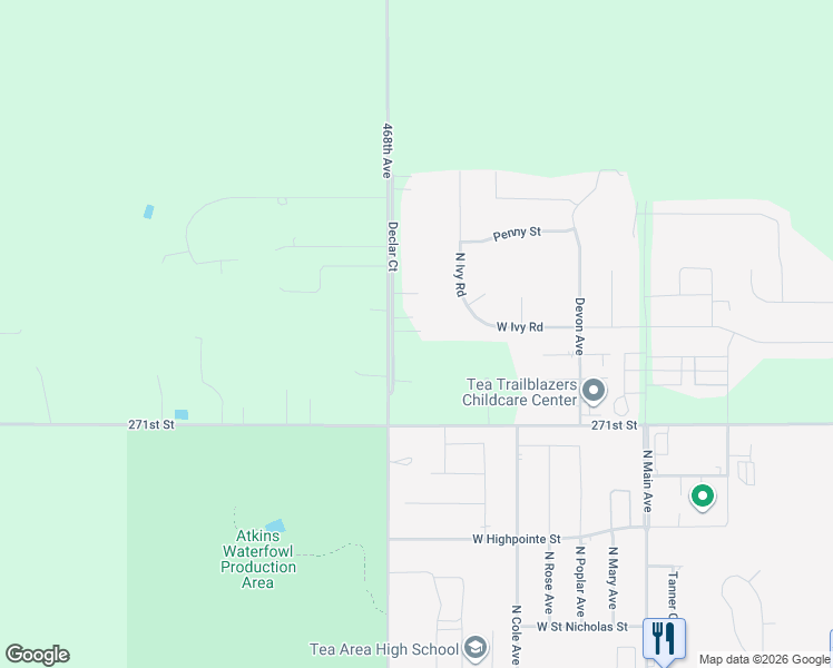 map of restaurants, bars, coffee shops, grocery stores, and more near 27084 468th Avenue in Tea