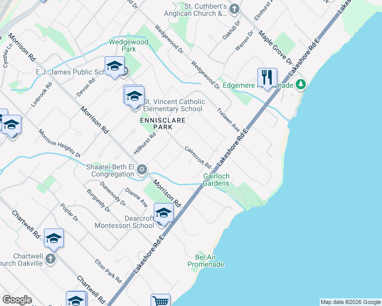 map of restaurants, bars, coffee shops, grocery stores, and more near 150 Dornie Road in Oakville