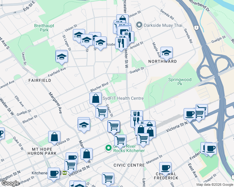 map of restaurants, bars, coffee shops, grocery stores, and more near 25 Hill Street in Kitchener