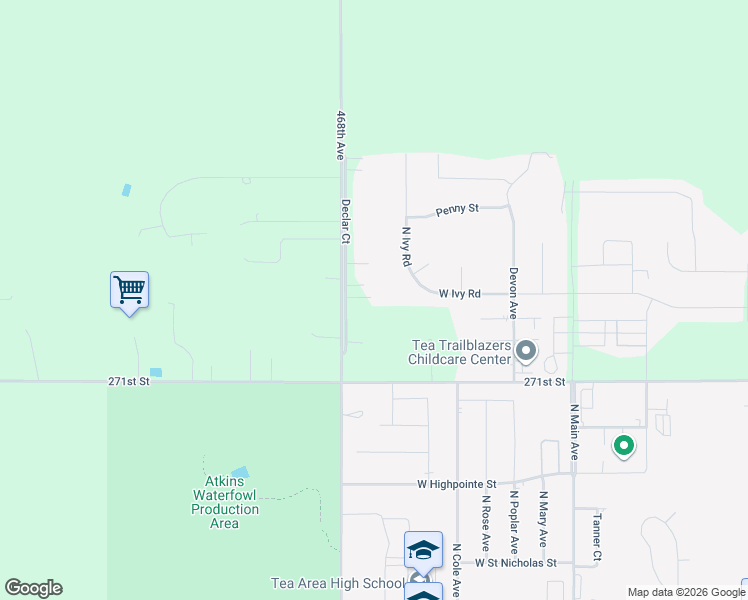 map of restaurants, bars, coffee shops, grocery stores, and more near 27084 468th Avenue in Tea