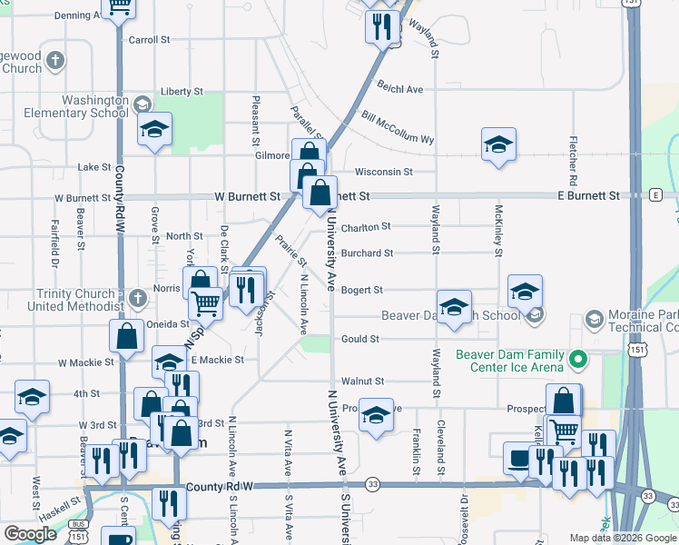 map of restaurants, bars, coffee shops, grocery stores, and more near 115 Burchard Street in Beaver Dam