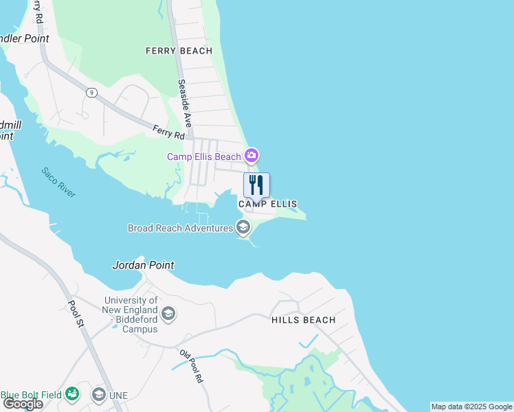map of restaurants, bars, coffee shops, grocery stores, and more near 2 Beach Avenue in Saco