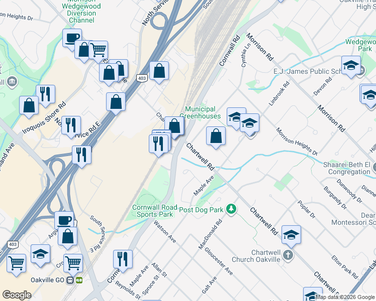 map of restaurants, bars, coffee shops, grocery stores, and more near 496 Chartwell Road in Oakville