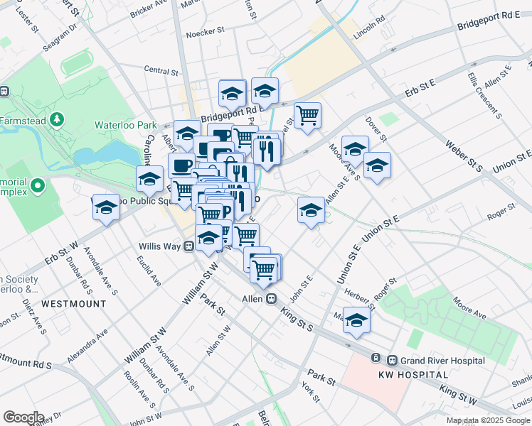 map of restaurants, bars, coffee shops, grocery stores, and more near 55 William Street East in Waterloo