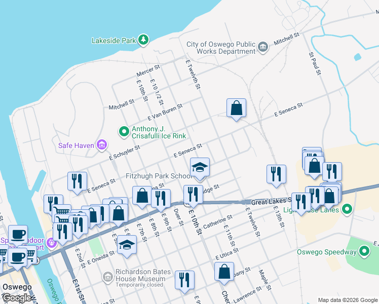 map of restaurants, bars, coffee shops, grocery stores, and more near 148 East Seneca Street in Oswego