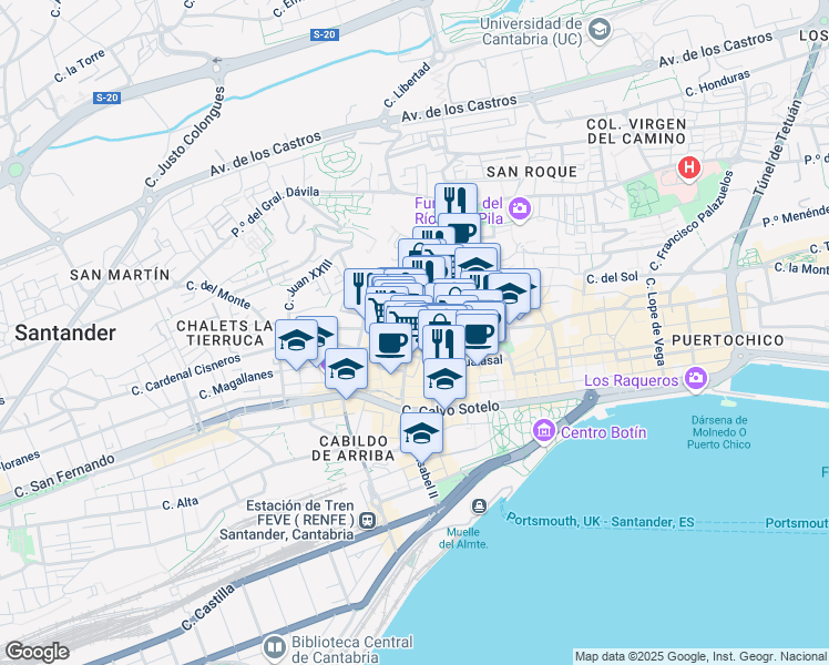 map of restaurants, bars, coffee shops, grocery stores, and more near 12 Calle Guevara in Santander