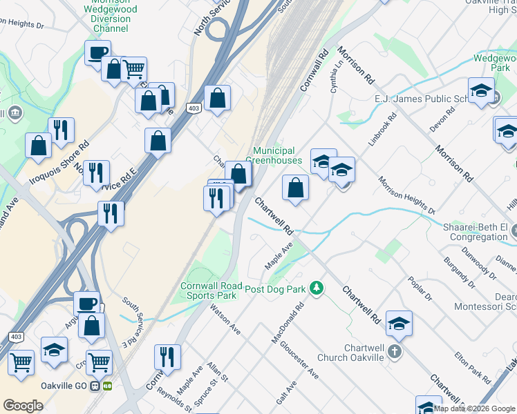map of restaurants, bars, coffee shops, grocery stores, and more near 496 Chartwell Road in Oakville