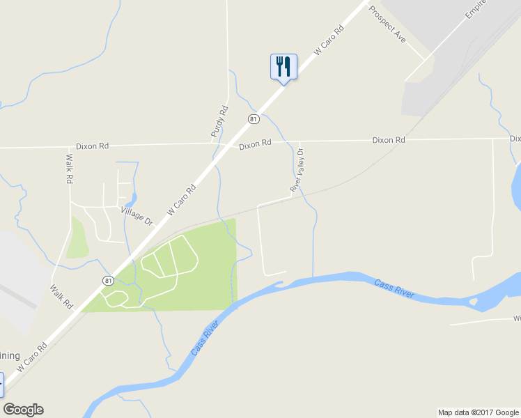 map of restaurants, bars, coffee shops, grocery stores, and more near 2021 River Valley Drive in Caro