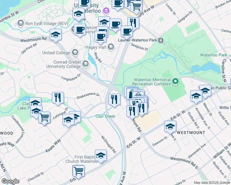 map of restaurants, bars, coffee shops, grocery stores, and more near 109 Westmount Road North in Waterloo