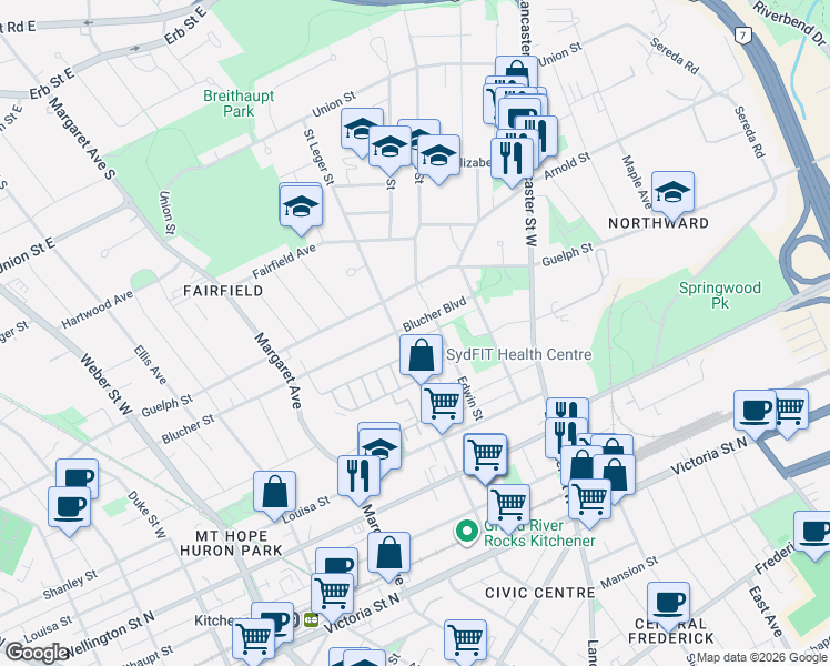 map of restaurants, bars, coffee shops, grocery stores, and more near 301 Blucher Boulevard in Kitchener