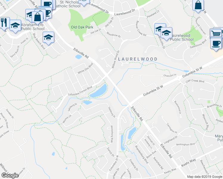 map of restaurants, bars, coffee shops, grocery stores, and more near 601 Columbia Forest Boulevard in Waterloo