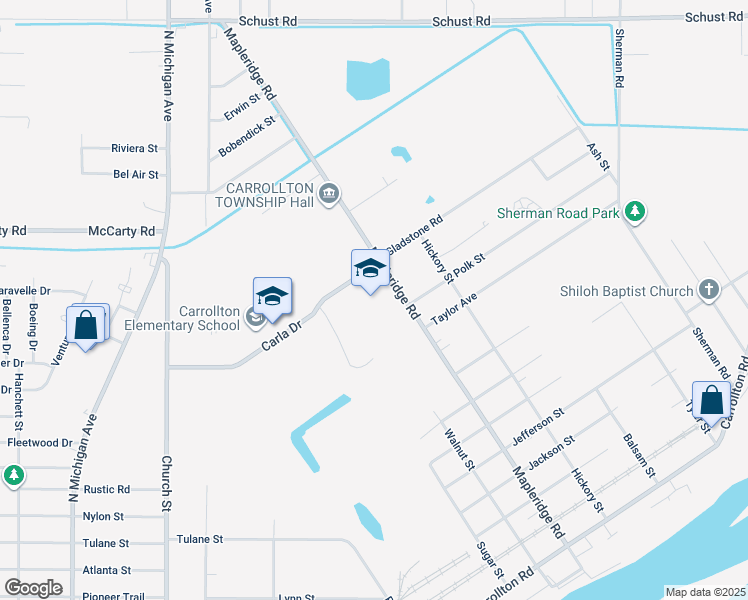 map of restaurants, bars, coffee shops, grocery stores, and more near 1235 Mapleridge Road in Saginaw