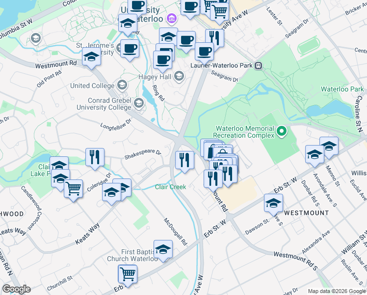 map of restaurants, bars, coffee shops, grocery stores, and more near None in Waterloo