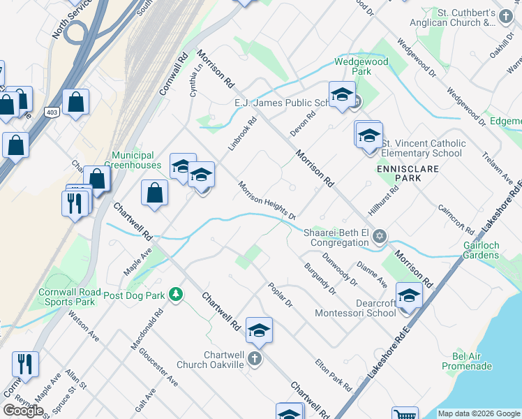 map of restaurants, bars, coffee shops, grocery stores, and more near 1136 Morrison Heights Drive in Oakville