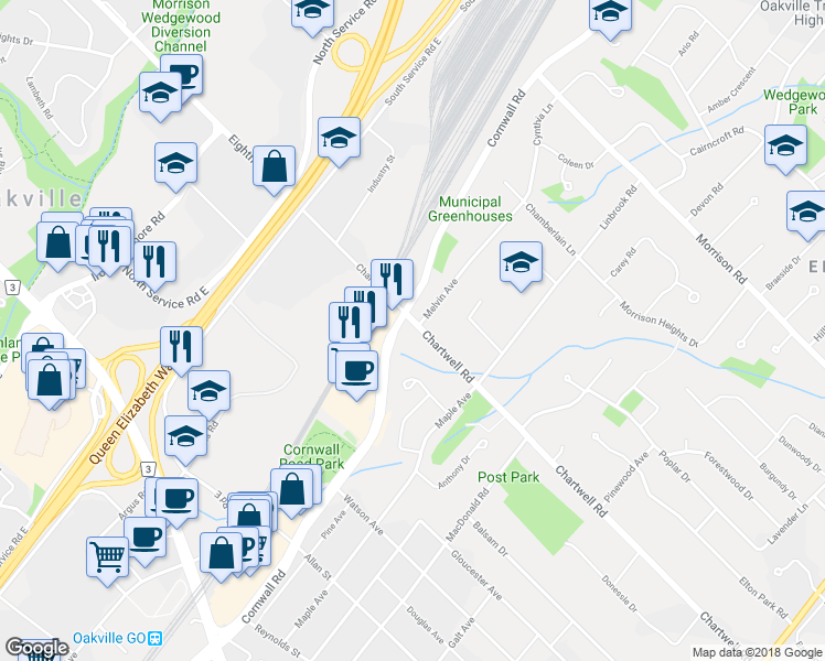 map of restaurants, bars, coffee shops, grocery stores, and more near 496 Chartwell Road in Oakville
