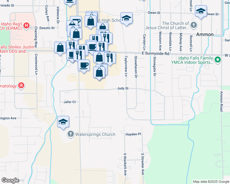 map of restaurants, bars, coffee shops, grocery stores, and more near Judy Street in Idaho Falls